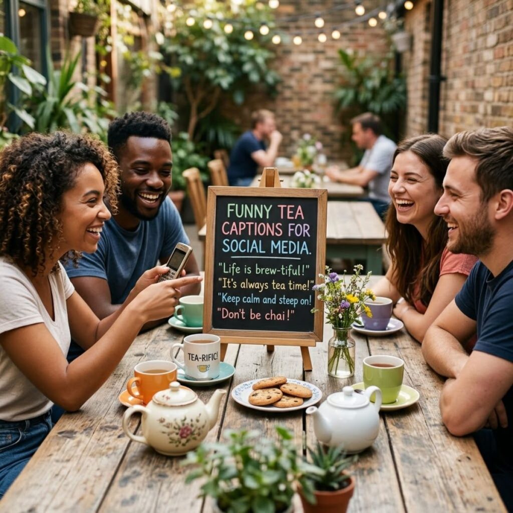 Four smiling friends at an outdoor cafe table with teacups, cookies, and a chalkboard displaying tea captions
