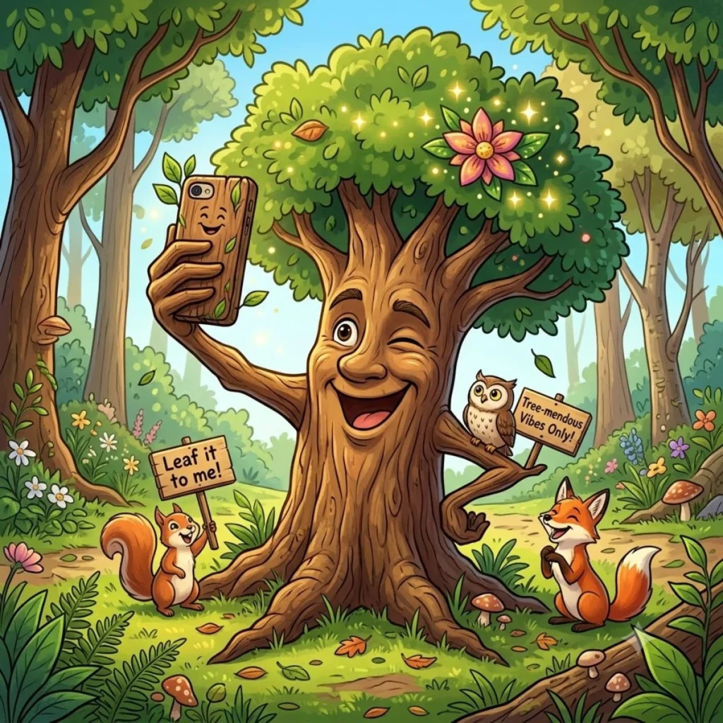 Happy cartoon tree taking a selfie with a wooden smartphone while surrounded by smiling animals in a colorful forest