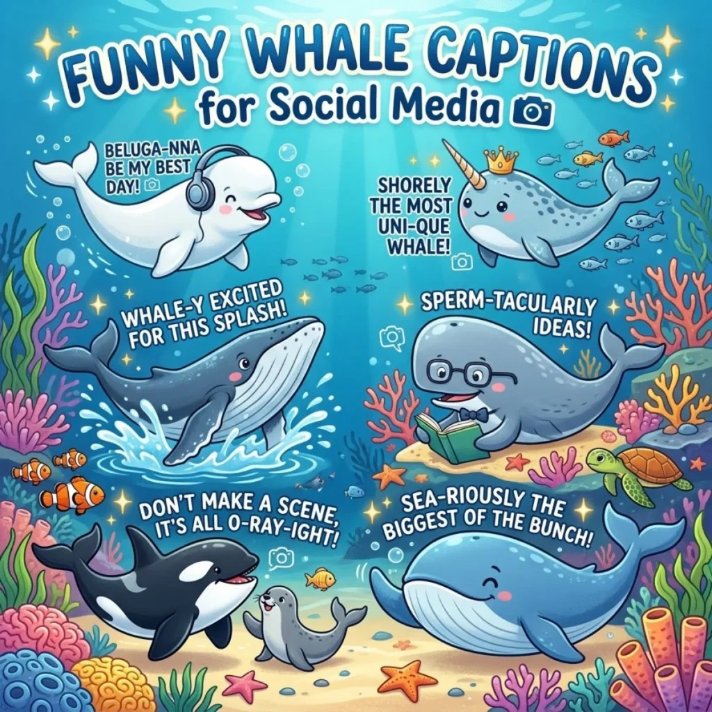 Cute cartoon whales with funny social media captions in a colorful coral reef scene