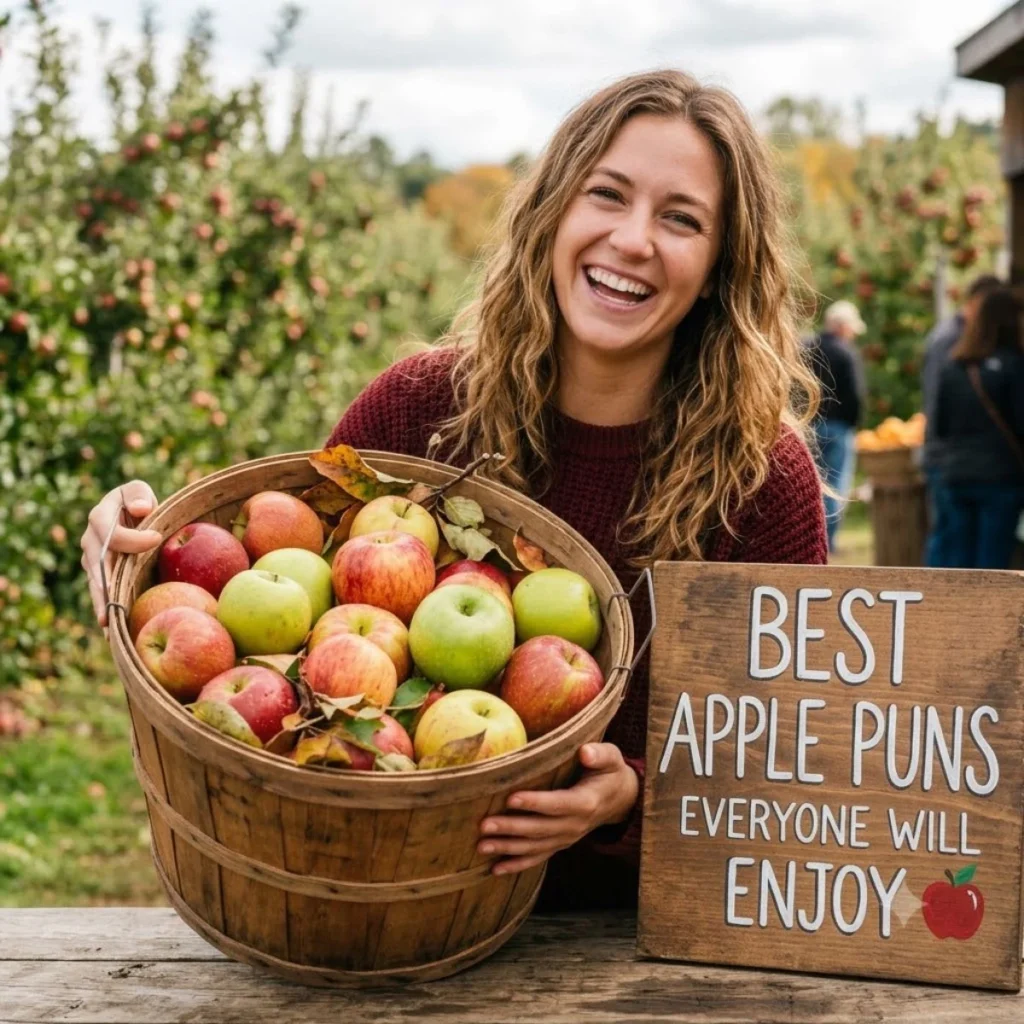 Happy woman holding a wooden bushel basket of colorful apples next to a wooden sign in an orchard