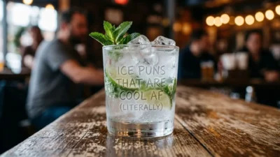 Chilled cocktail with ice cubes, mint, and lime on a wooden bar counter with etched ice puns text.