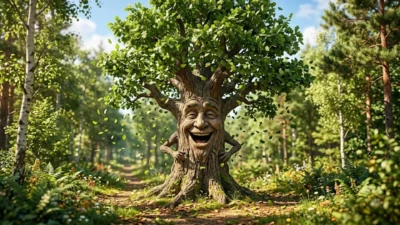 A cheerful, laughing oak tree with a human face on its trunk in a sunlit forest filled with falling green leaves