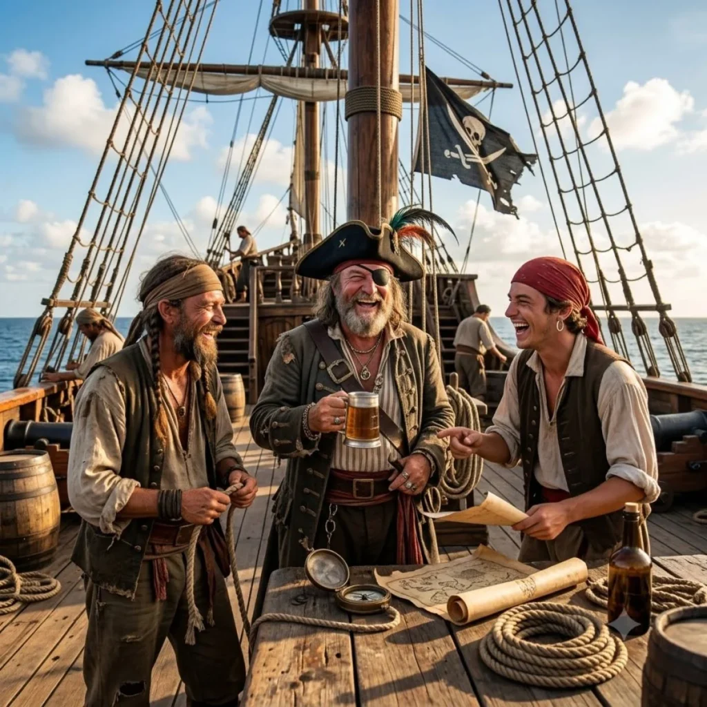 Three joyful pirates laughing together on a wooden ship deck under a sunny blue sky