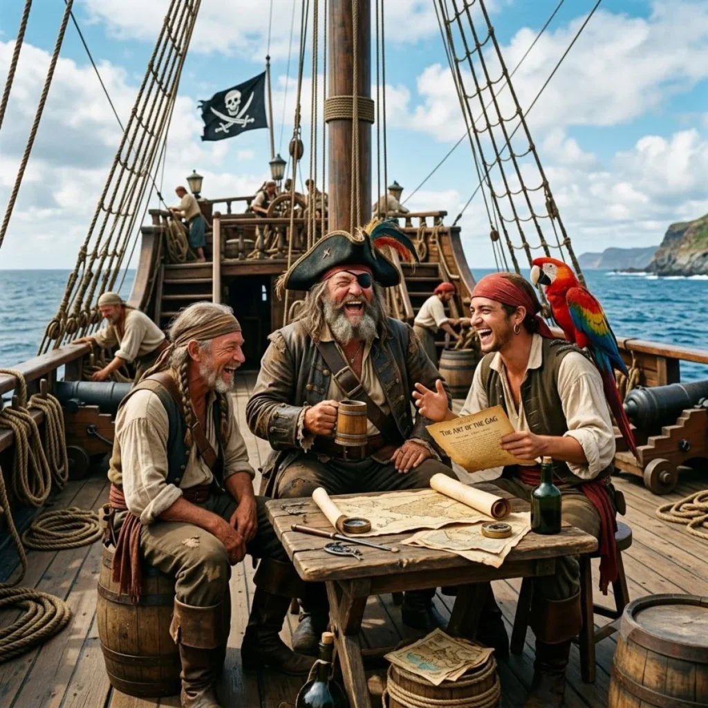 A group of smiling pirates and a colorful parrot gathered around a map on a wooden ship deck