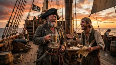 Two pirates laughing together on the deck of a wooden pirate ship at sunset