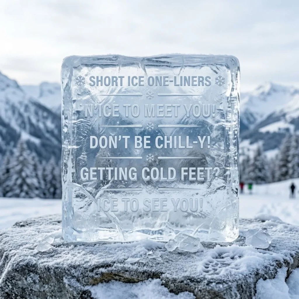 Engraved transparent ice block with funny ice puns resting on a snow covered stone in the mountains.