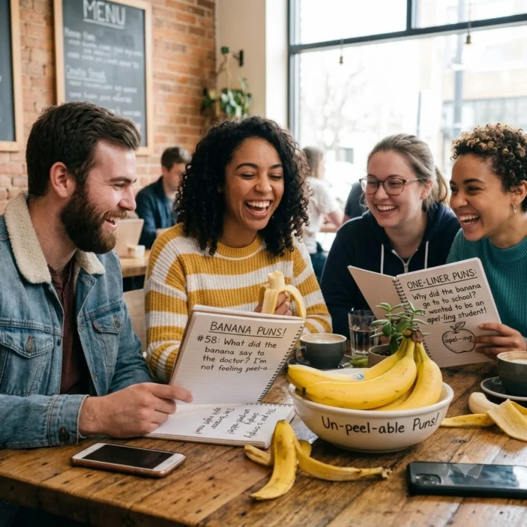 Four friends laughing at a cafe table while holding notebooks filled with short one-liner banana puns