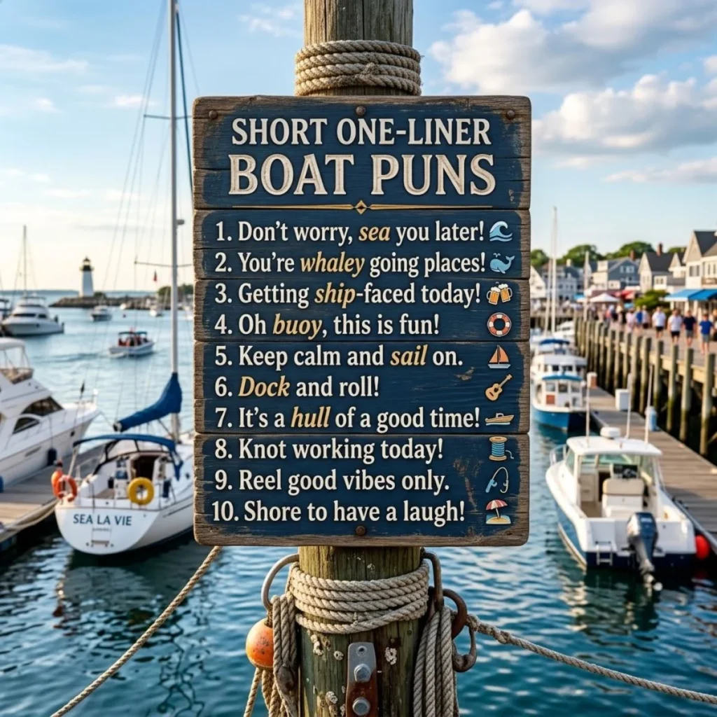 A rustic blue sign with ten short one-liner boat puns mounted on a harbor post overlooking docked boats