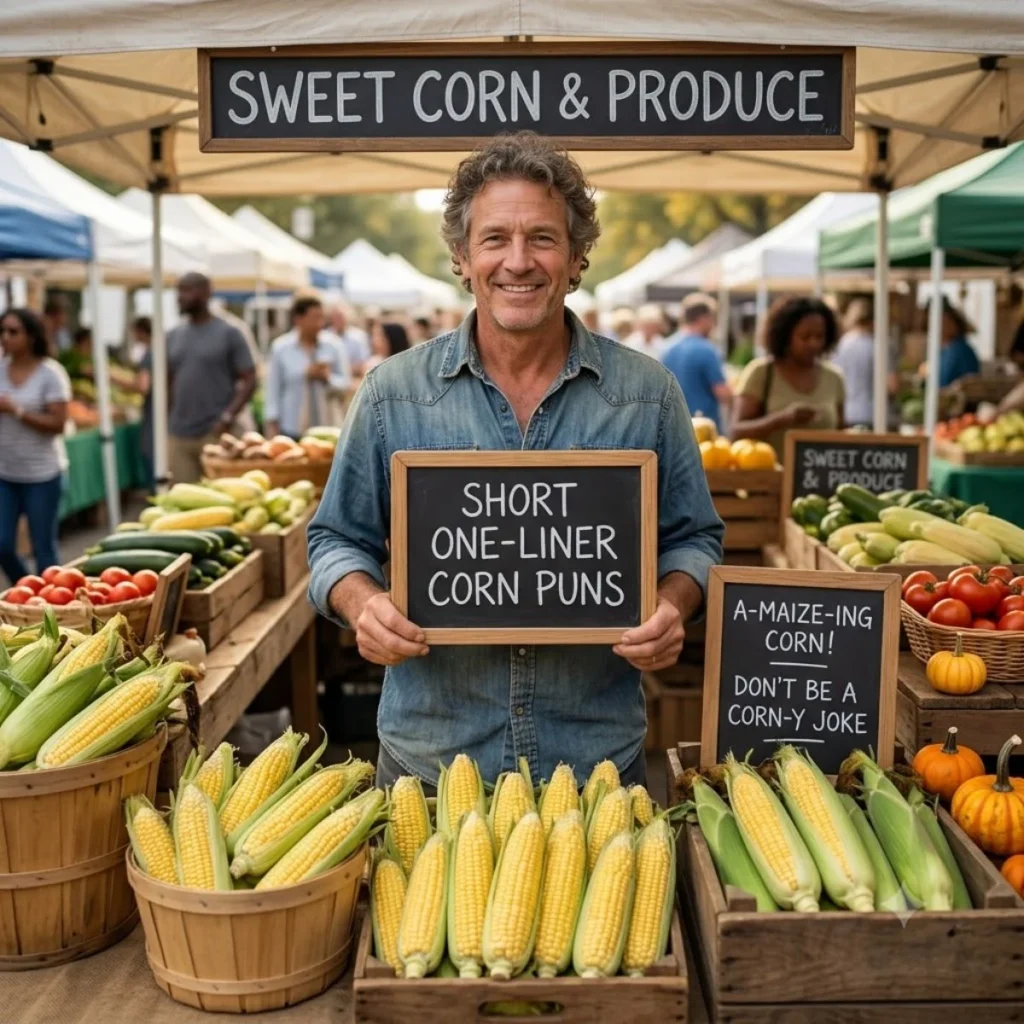 A smiling man holds a short one liner corn puns sign at a sunny outdoor farmers market stand.