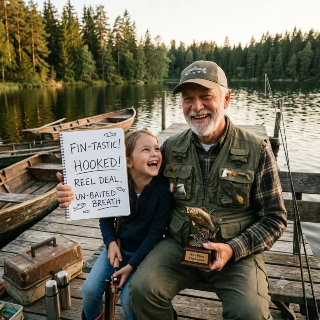 A young girl holding a notebook with fishing puns next to a smiling man with a bass trophy on a lake dock.