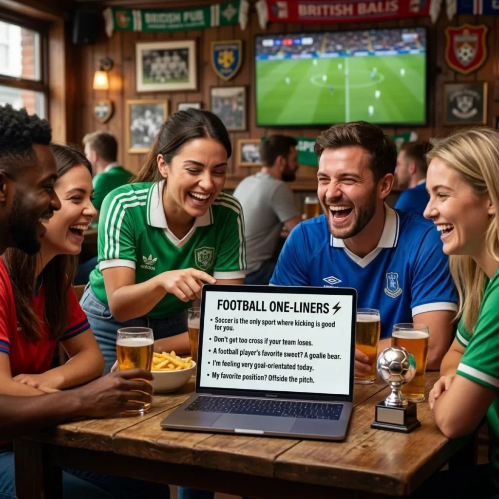 Friends laughing at short football one-liners on a laptop at a pub table with beer and a small trophy