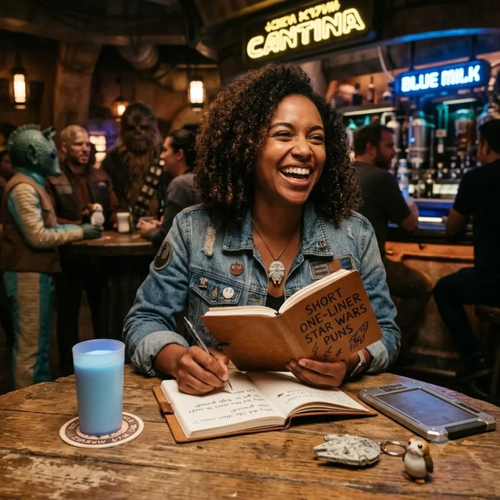 A woman smiles cheerfully as she holds a book titled Short One-Liner Star Wars Puns in a dimly lit cantina.