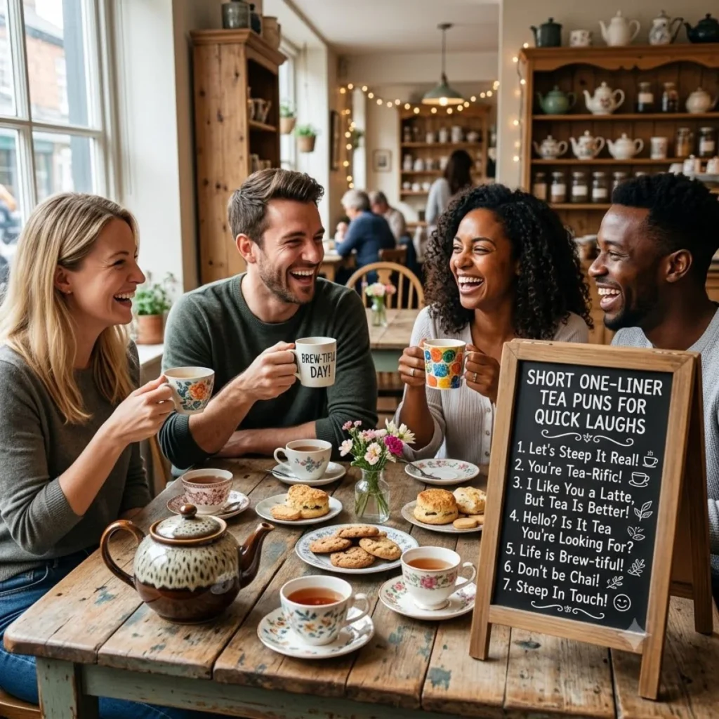 Four friends laughing around a table at a cafe with tea, scones, cookies, and a chalkboard listing tea puns