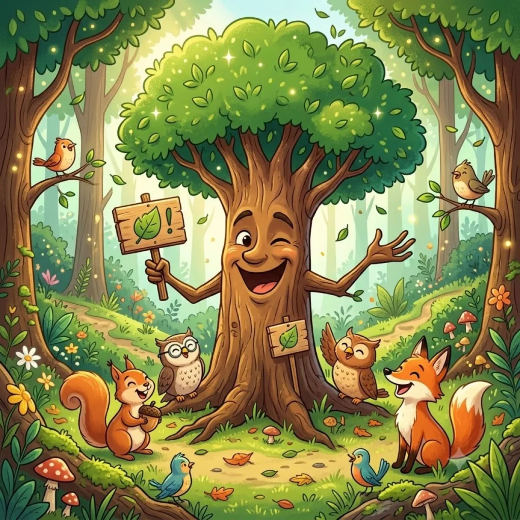 Cute cartoon tree winking and holding a sign surrounded by a friendly fox squirrel and owls in a sunny forest