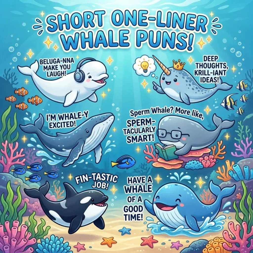 Cute cartoon whales sharing short ocean puns in a colorful underwater coral scene