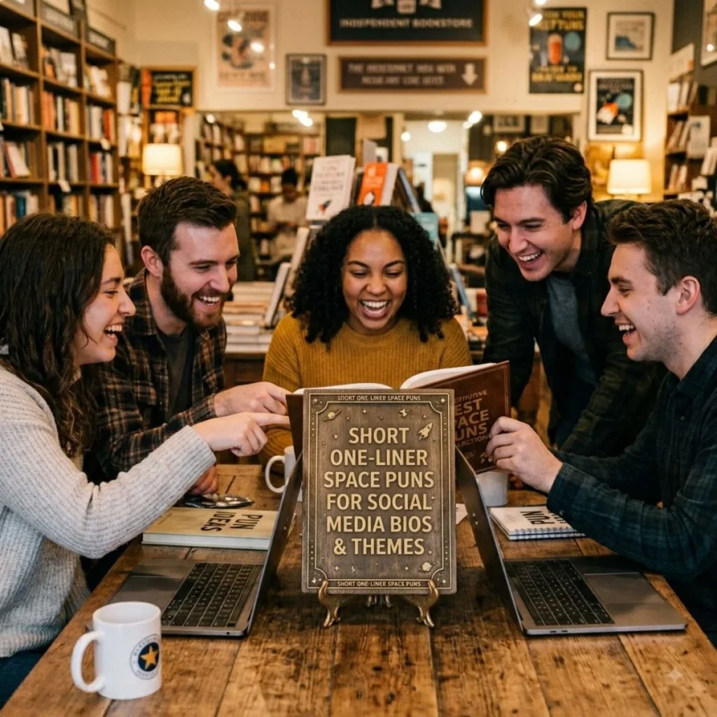 Five happy friends in a bookstore laughing around a wooden sign with space puns for social media bios and themes.
