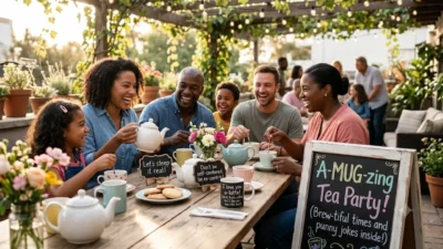 A happy family enjoying an outdoor tea party on a rustic wooden patio table with ceramic teapots and punny chalkboard signs