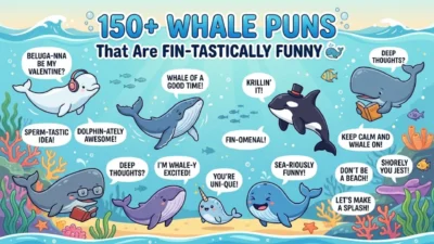 Cute cartoon whales with funny speech bubble puns in an underwater sea scene
