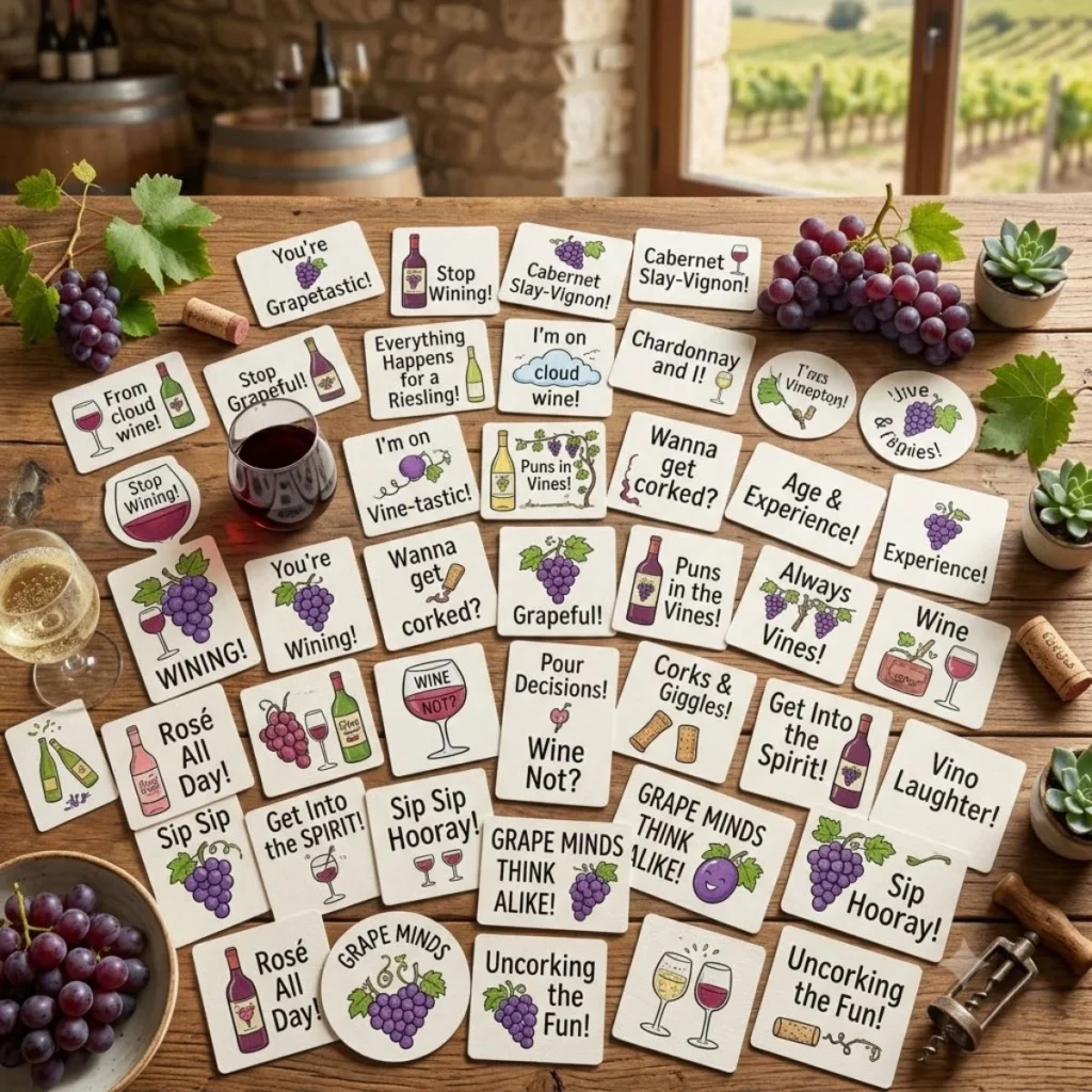 Paper coasters with illustrated wine puns laid on a wooden table with fresh grapes and wine glasses