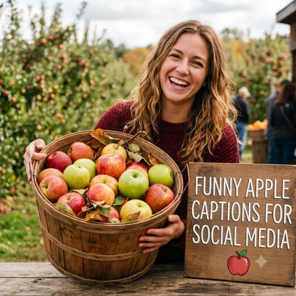 Smiling woman holding a basket of fresh apples next to a sign with funny social media captions