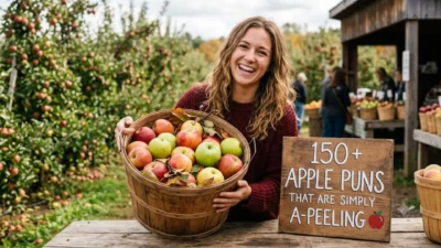 Smiling woman holding a basket of fresh apples at an orchard next to a wooden pun sign