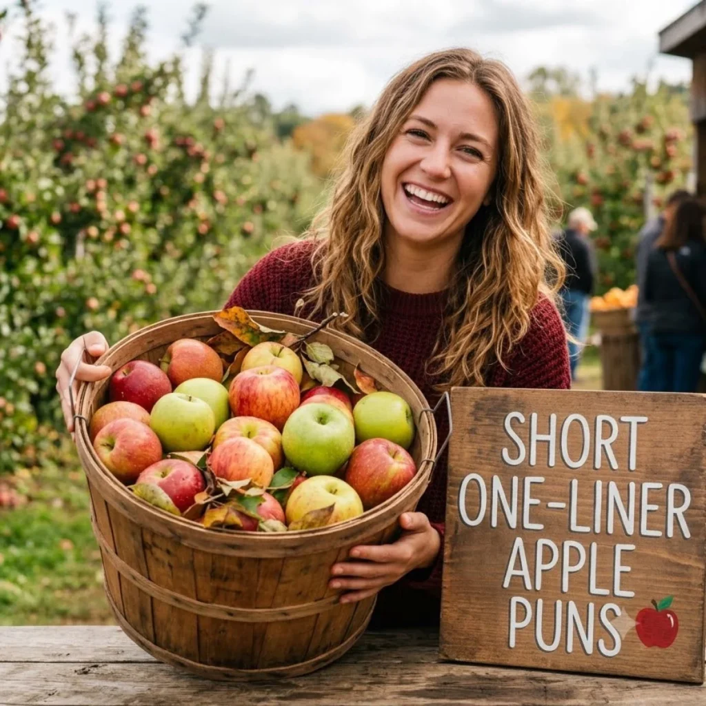 Woman laughing while holding a wooden basket of apples next to a sign for short one-liner apple puns