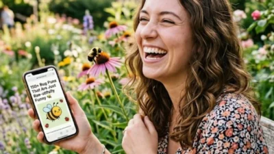 A laughing woman on a garden bench holding a smartphone displaying funny bee and bug puns.