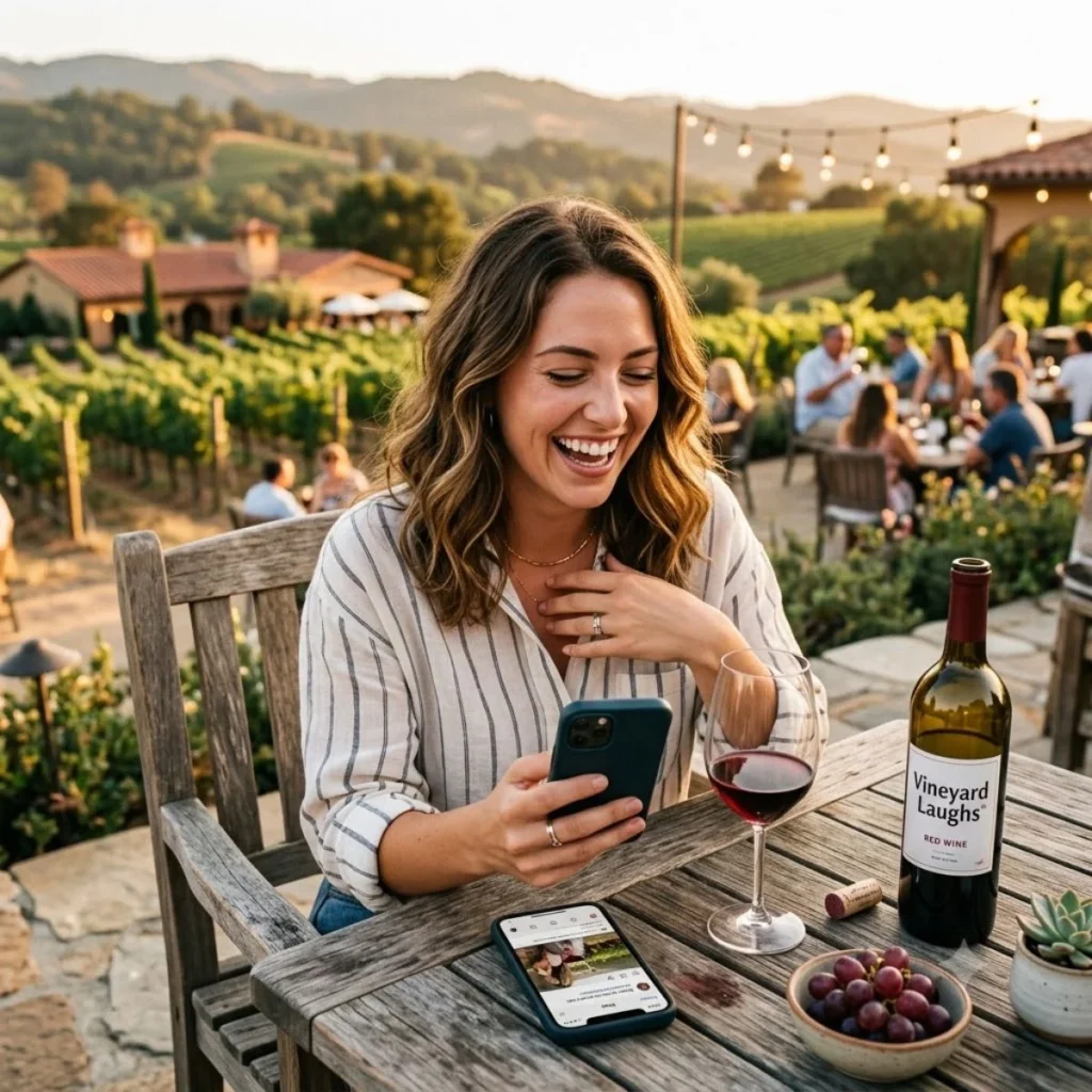 Smiling woman looking at her smartphone at an outdoor vineyard table with red wine