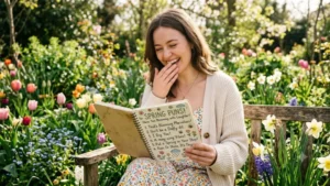 A smiling woman sits in a blooming spring garden reading a hand-illustrated book of funny spring puns.