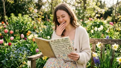 A smiling woman sits in a blooming spring garden reading a hand-illustrated book of funny spring puns.