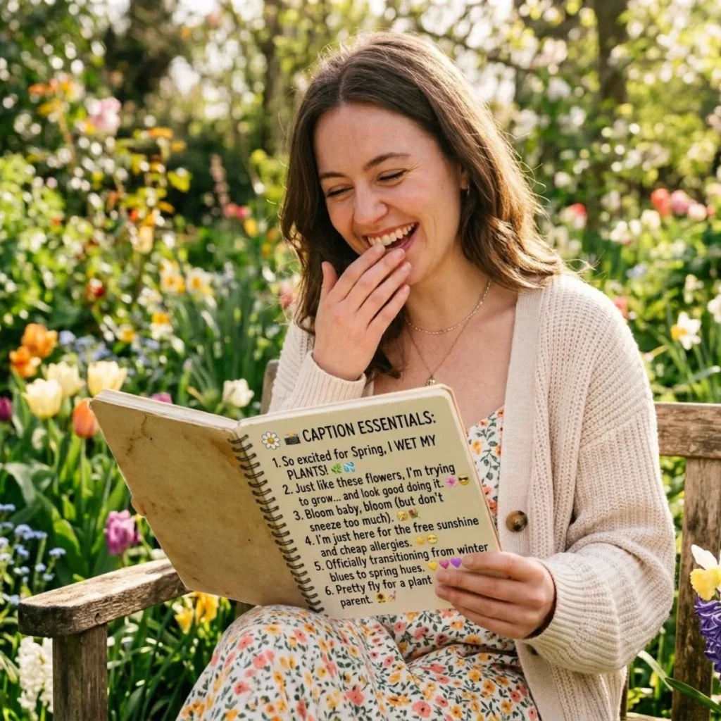 A woman laughing while looking at a list of funny spring captions written in a spiral notebook in a flower garden.