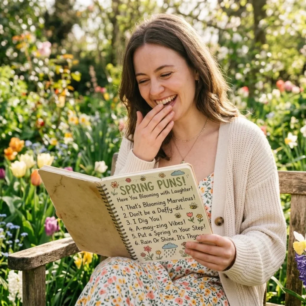 A woman laughing while reading a notebook of spring puns outdoors in a colorful flower garden.