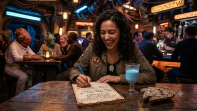 A woman laughing while writing Star Wars puns in a alien cantina with blue milk.