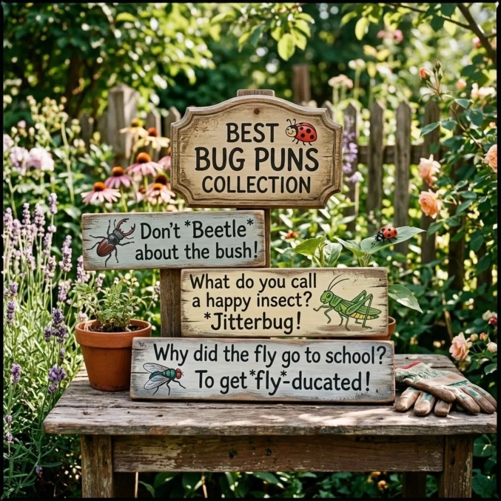 Wooden signs with funny bug puns and insect illustrations displayed on a rustic garden table.