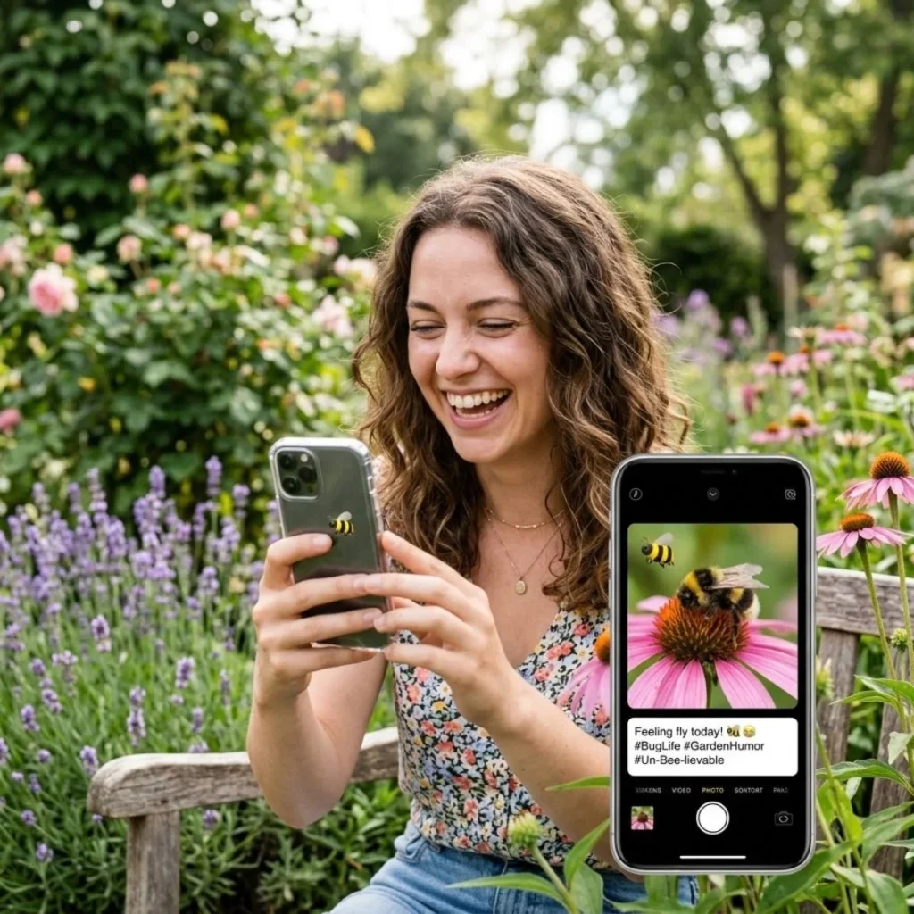 woman-phone-funny-bug-captions-social-media-garden
