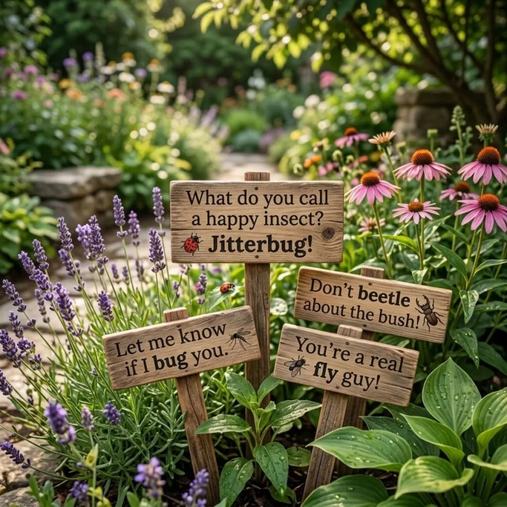Small wooden plant markers with funny bug puns nestled in a lush garden with lavender and coneflowers.