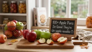 Red and green apples arranged on a cutting board beside a chalkboard sign with apple puns