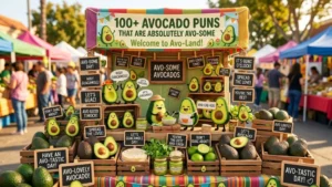 Outdoor farmers market stall packed with fresh avocados, cartoon figures, and signs featuring funny avocado puns