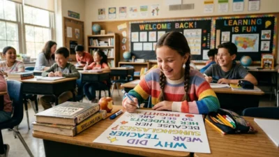 Smiling girl at classroom desk writing funny back to school puns with classmates laughing in background