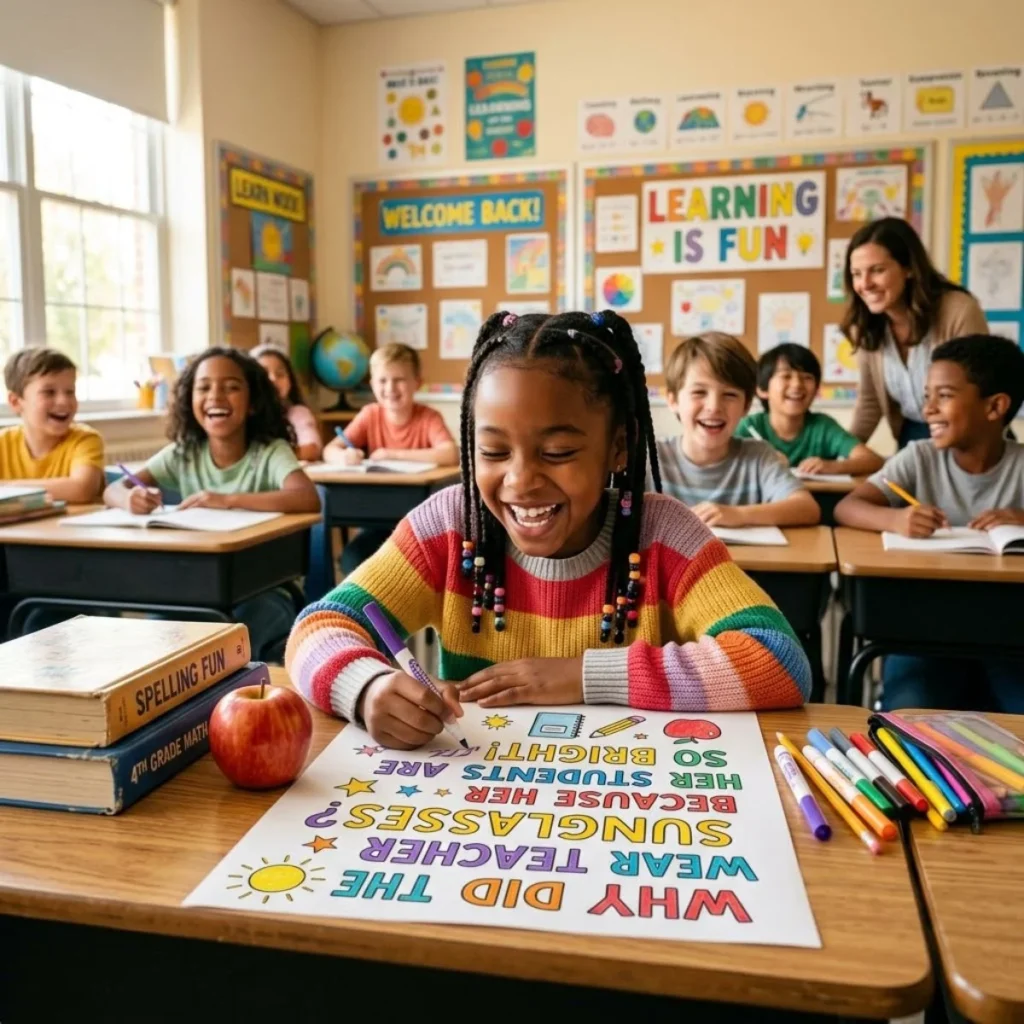 Happy schoolgirl laughing at classroom desk while writing funny back to school puns with colorful markers   