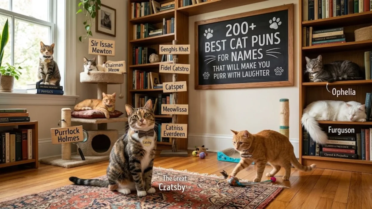 Playful cats in a home library surrounded by funny pun name signs and a chalkboard.