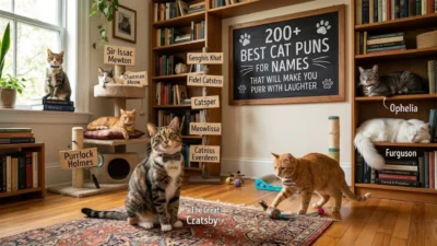 Playful cats in a home library surrounded by funny pun name signs and a chalkboard.