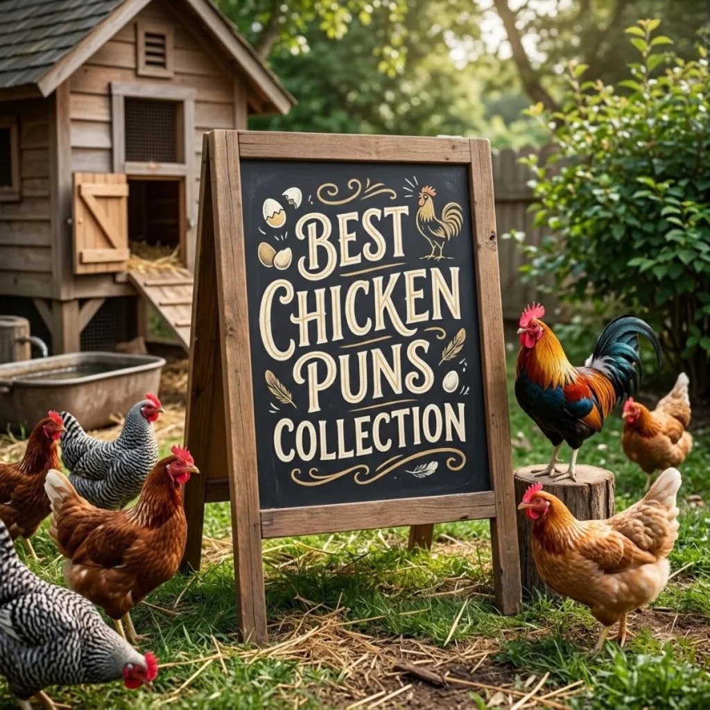 Hens and a rooster around a chalkboard sign in a sunny chicken yard