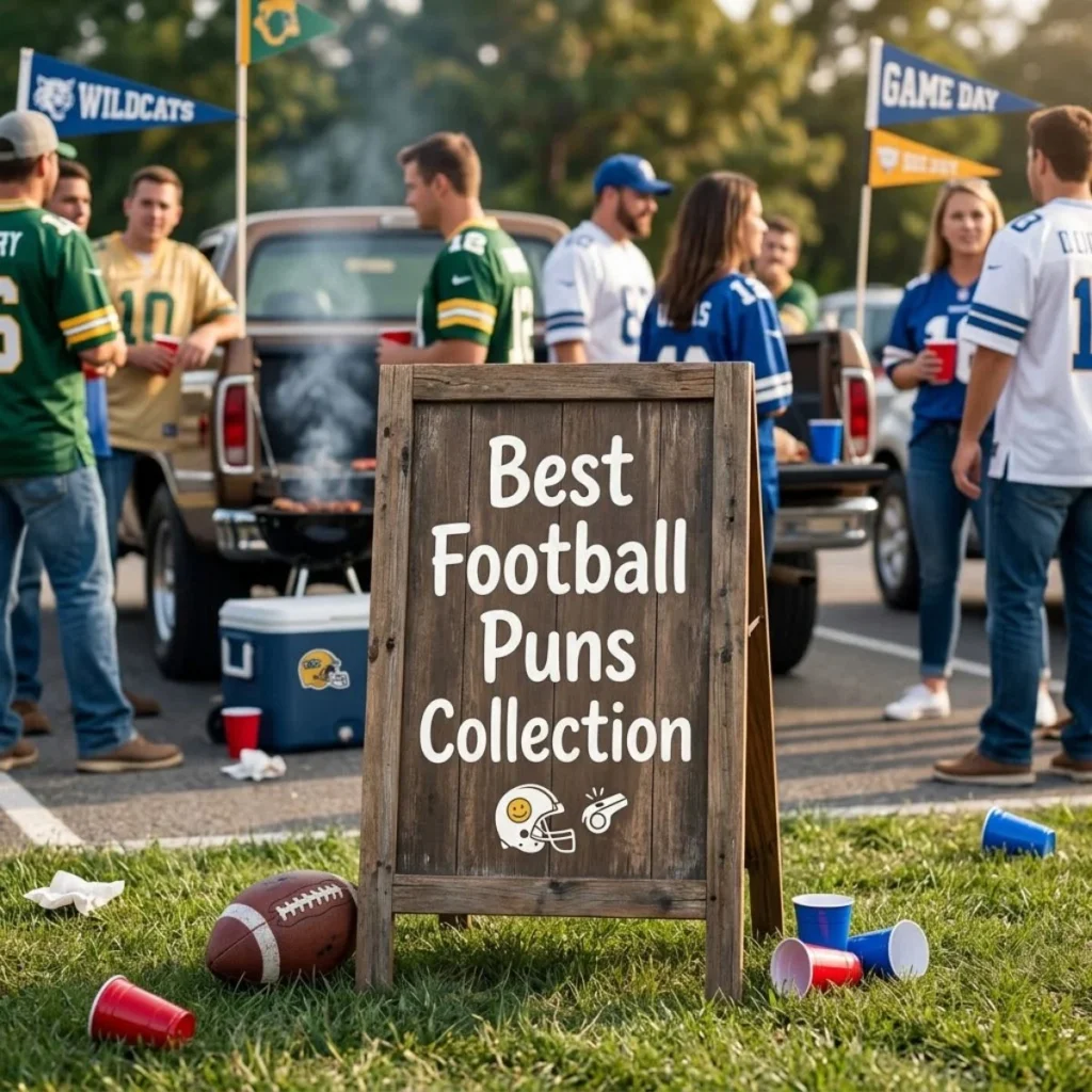 Wooden chalkboard sign and football on grass at a lively game day tailgate