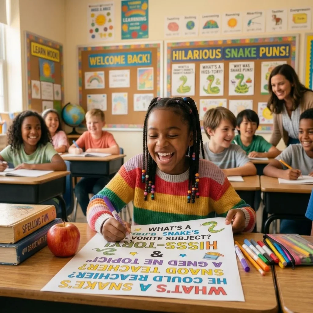 Smiling girl at a classroom desk laughing while holding a paper with hilarious snake puns.