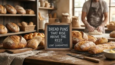 : Freshly baked artisan sourdough loaves and baguettes around a chalkboard sign in a rustic bakery.