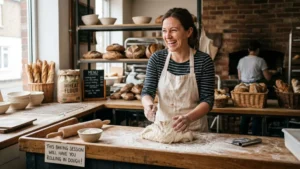 Smiling female baker kneading fresh dough on a flour-dusted wooden table in an artisan bakery.