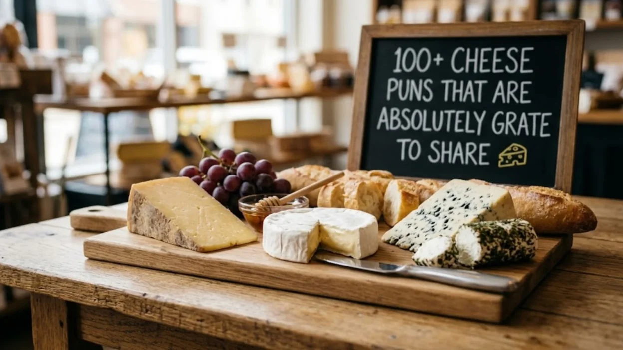 Artisanal cheese board with brie, blue cheese, grapes, and a chalkboard sign reading cheese puns