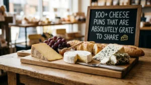Artisanal cheese board with brie, blue cheese, grapes, and a chalkboard sign reading cheese puns