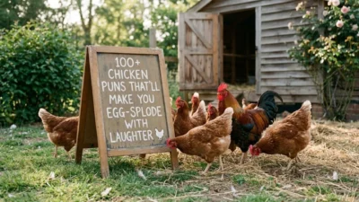 Chickens and a rooster gathering by a wooden chalkboard sign outside a coop